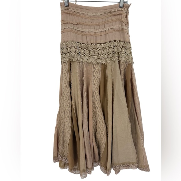 Vintage 90s Brown Mixed Media Lace Gypsy Skirt Whimsigoth Witchy Boho Maxi - Picture 2 of 11